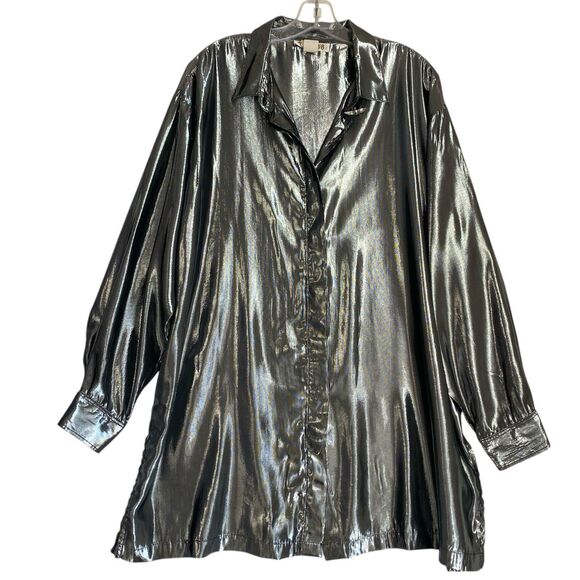 Vintage Victoria Jones Y2K Tunic Top 2X Metallic Liquid Silver Disco Flowy Fairy - Picture 1 of 8